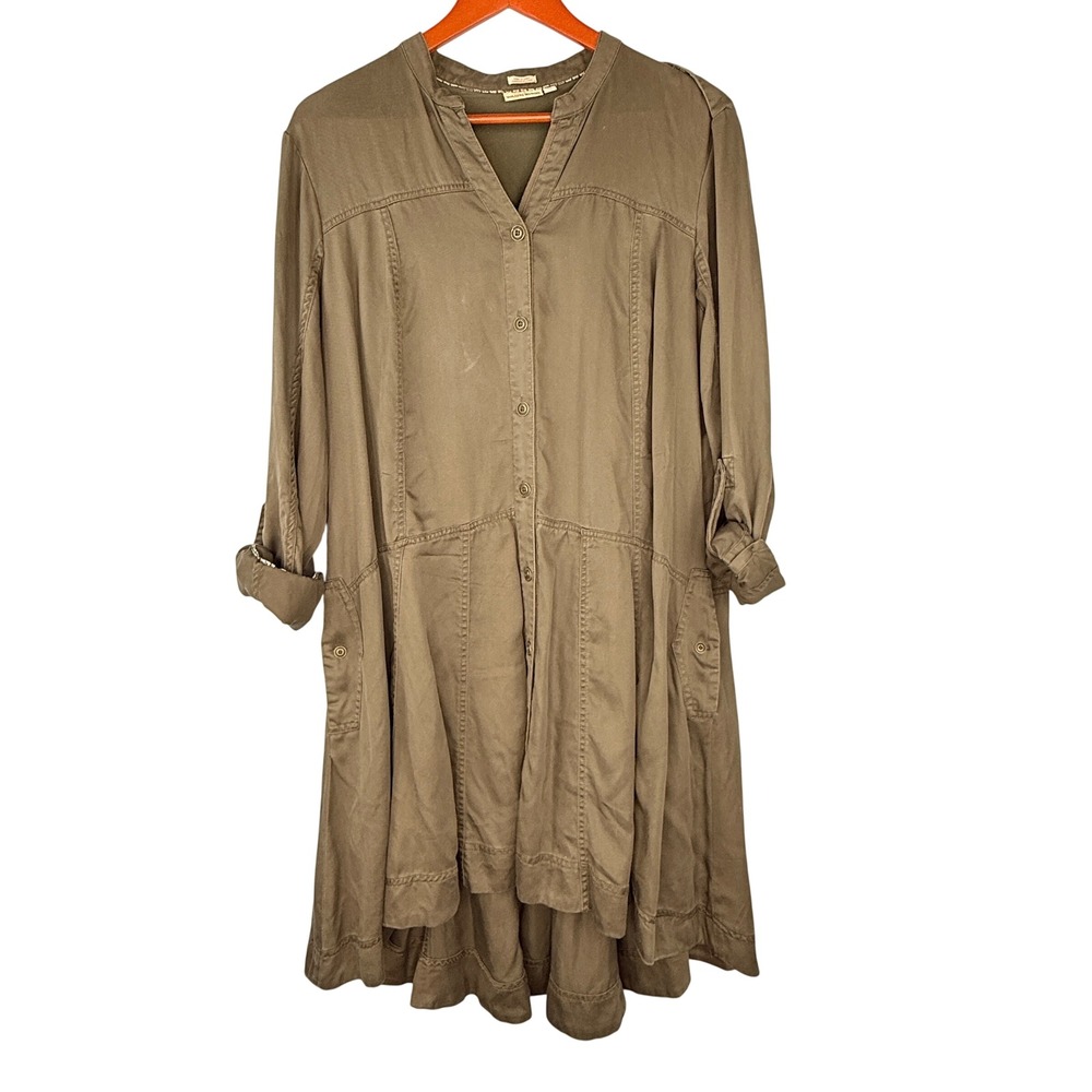 Anthropologie HOLDING HORSES Shirt Dress Women 12 Green Lyocell High Low Skirt